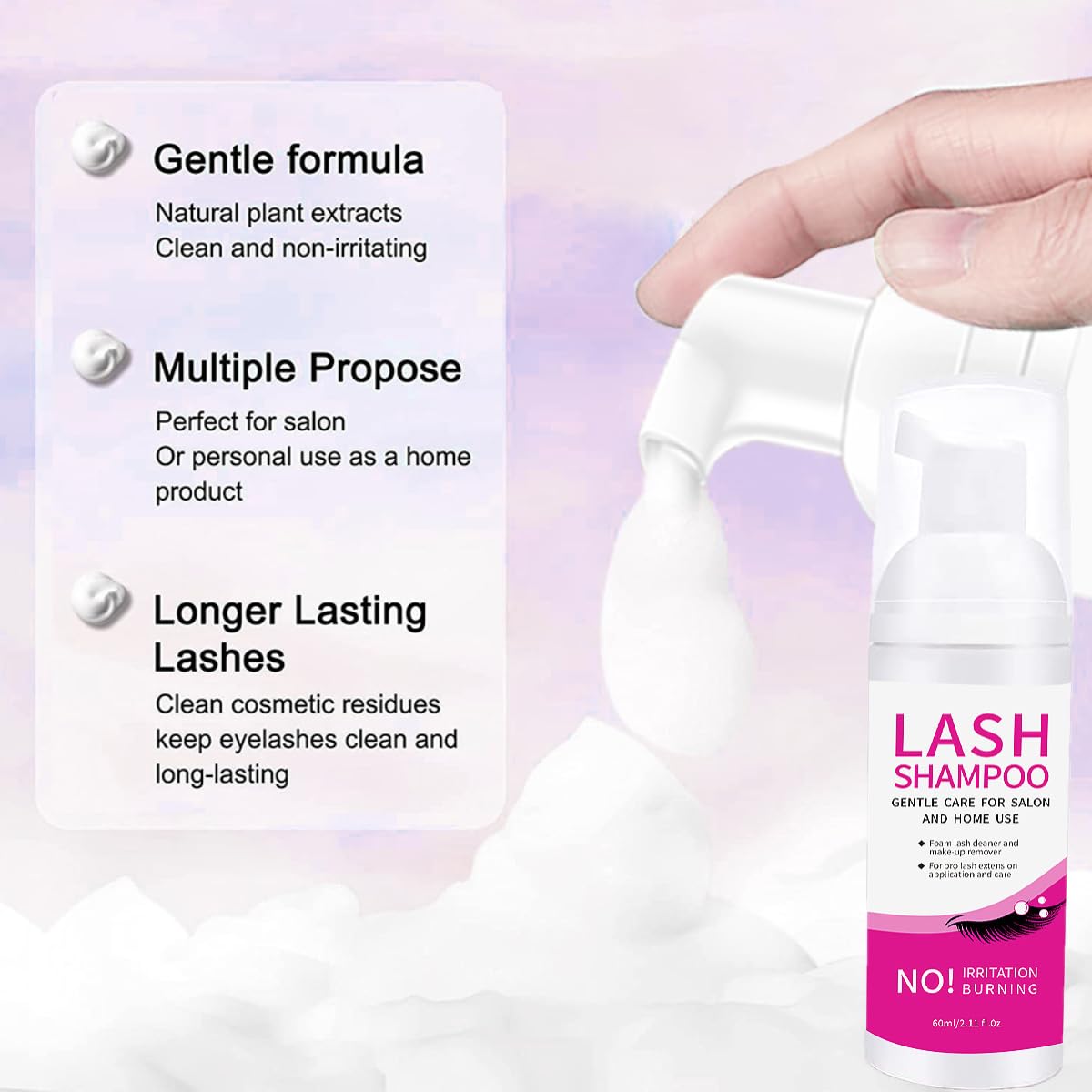 Champú de extensión de pestañas de 60 ml con 2 cepillos, champú para pestañas para extensiones de pestañas, pestañas naturales, limpiador espumante, salones de espuma para el hogar, seguro para