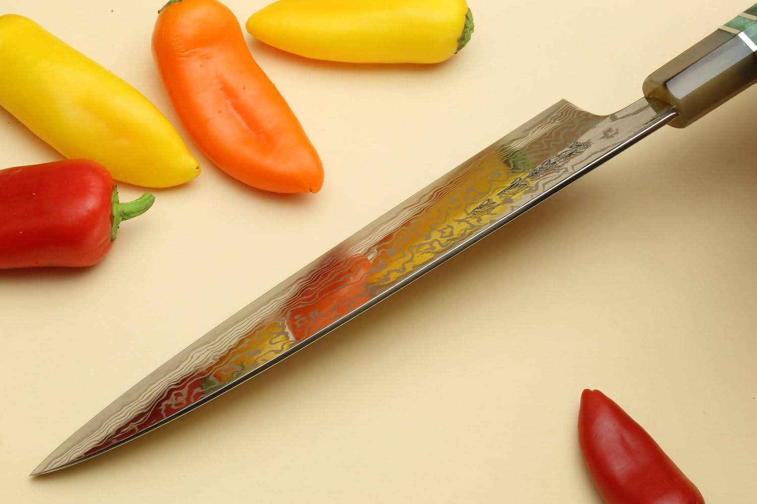 Yoshihiro HAP40 High Speed Stainless Steel Suminagashi Gyuto Chefs Knife Triple Ring Stabilized Maple Burl Handle (9.5"(240mm) & Saya)