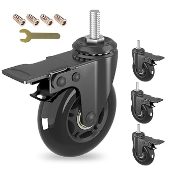 3" Swivel Caster Wheels with Imperial 5/16"-18 Threaded Stem,Set of 4,Heavy Duty Threaded Stem Casters with Safety Dual Brakes,Load Capacity 150lbs Per Castor for Cart,workench,Furniture