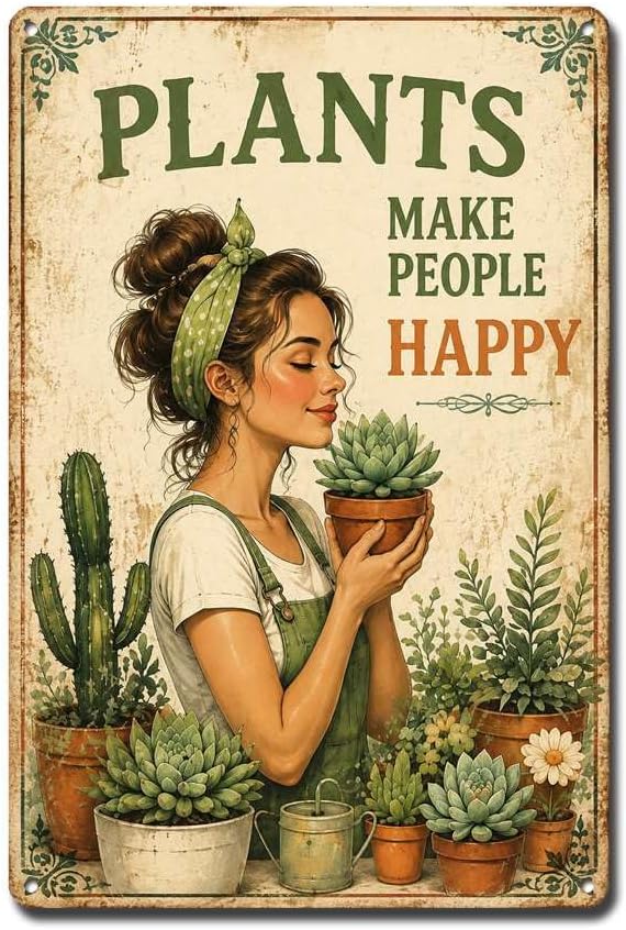 Boho Metal Tin Garden Sign Woman Holding Succulent Plants Make People Happy Wall Decor for Greenhouse Home Office Gift for Women 6×8 Inches