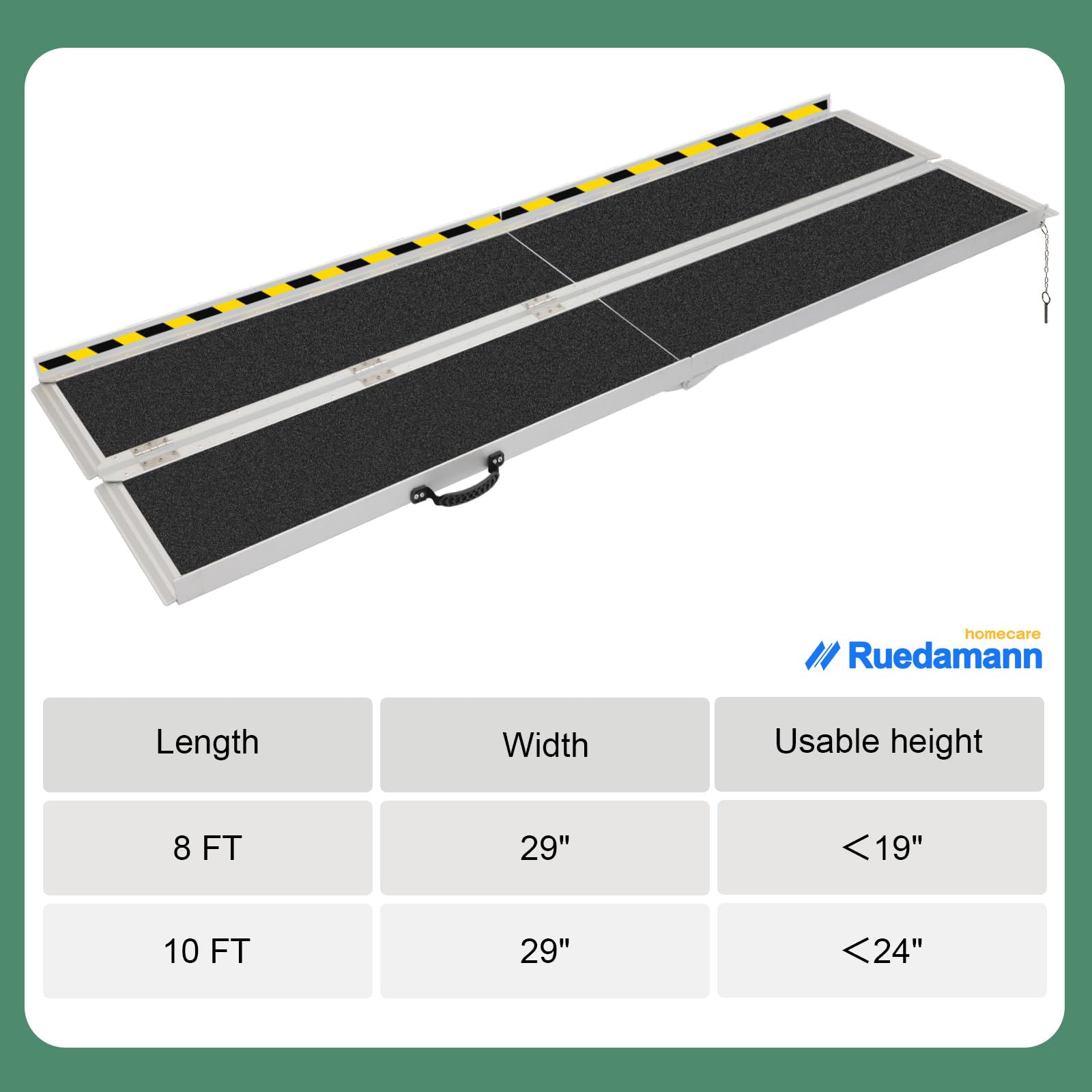 Ruedamann 10'L × 29" W Wheelchair Ramp, 600 LBS Capacity, Non-Slip Threshold Ramp, Portable Aluminum Folding Handicap Ramp, Mobility Ramp for Home, Wheelchairs, Steps, Stairs, Doorways, Curbs