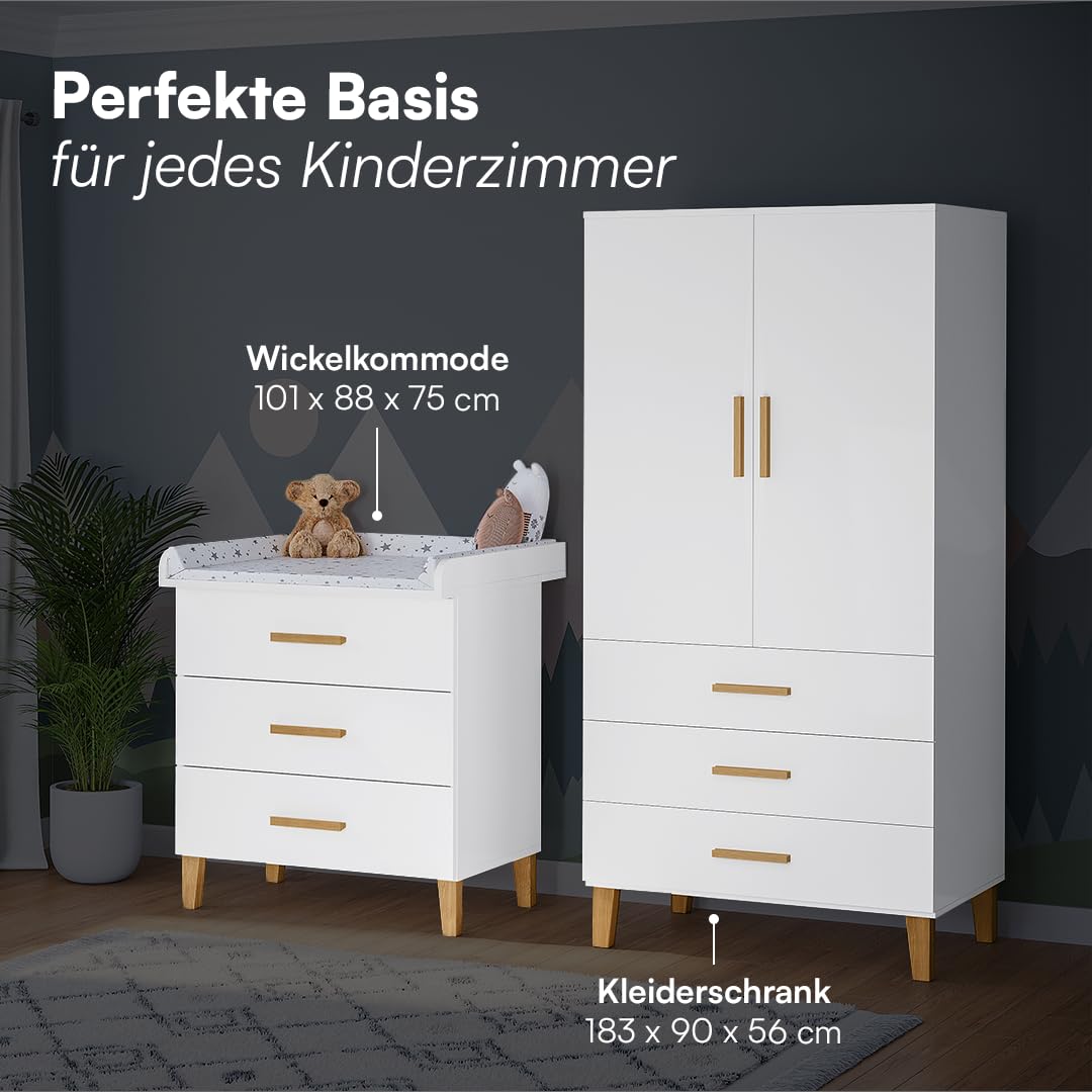 Bellabino Liri Kinderzimmer Set – 2-teiliges Babyzimmer Set mit Kinderkleiderschrank & Wickelkommode in Weiß/Natur – Wickeltisch mit abnehmbaren Wickelaufsatz & Kleiderschrank für Kinderzimmer