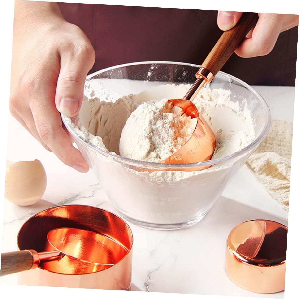 Cabilock Stainless Steel Measuring Cup and Spoons Walnut Handle Kitchen Tool Multifunctional Rose Gold