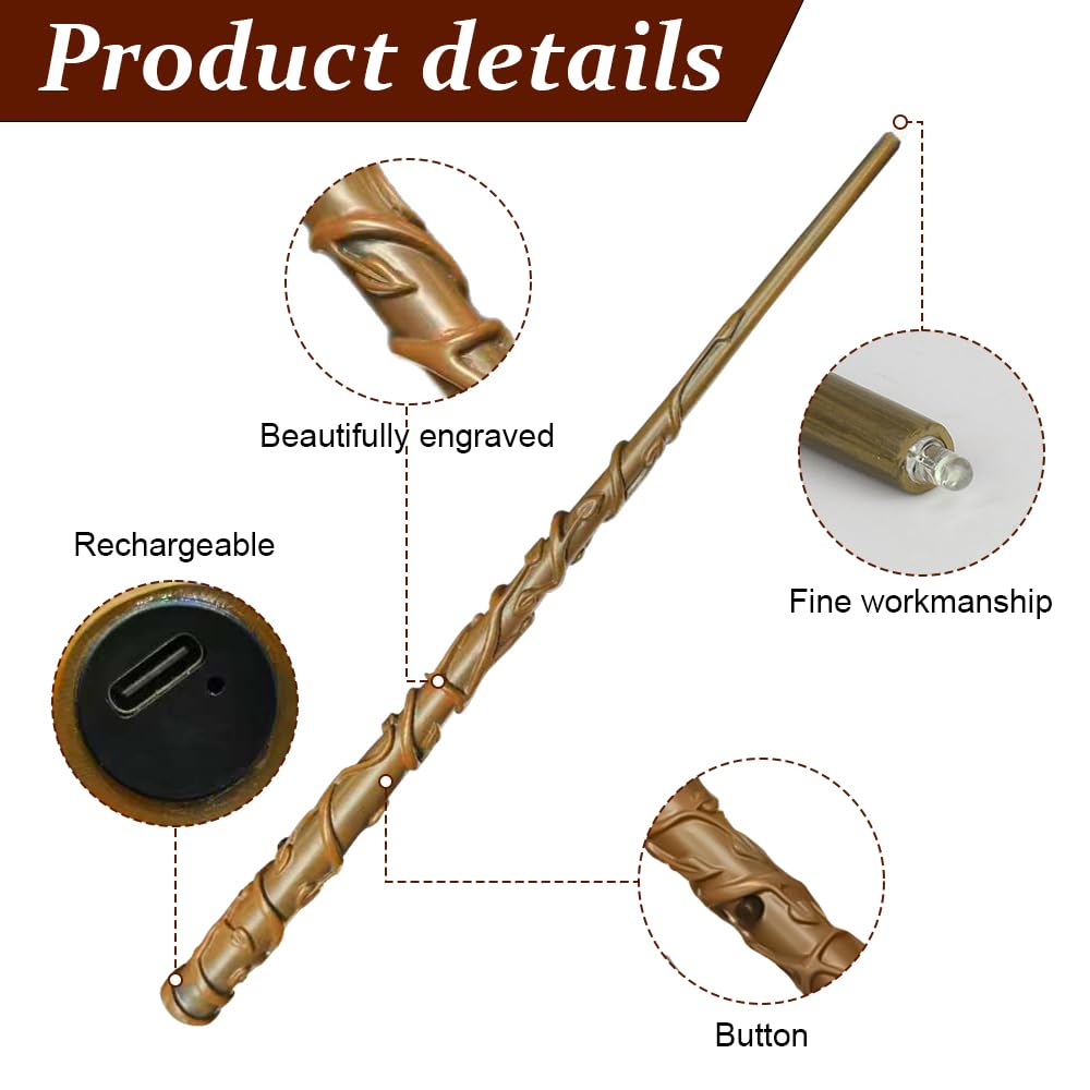 Baguette Hermione Granger, 37CM Baguette Hermione avec Noyau Acier, Réplique De Baguettes en Résine, USBBaguette Harry Boîte Cadeau vec Carte de Sort, Ticket de Station et Collier