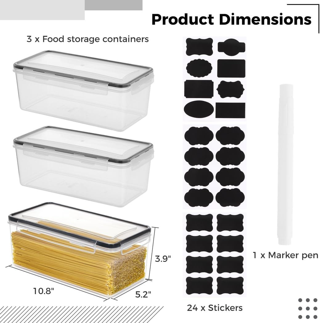 Stackable Pasta Containers, 3-Pack with Airtight Lids, Bpa-Free Plastic for Pantry Organization