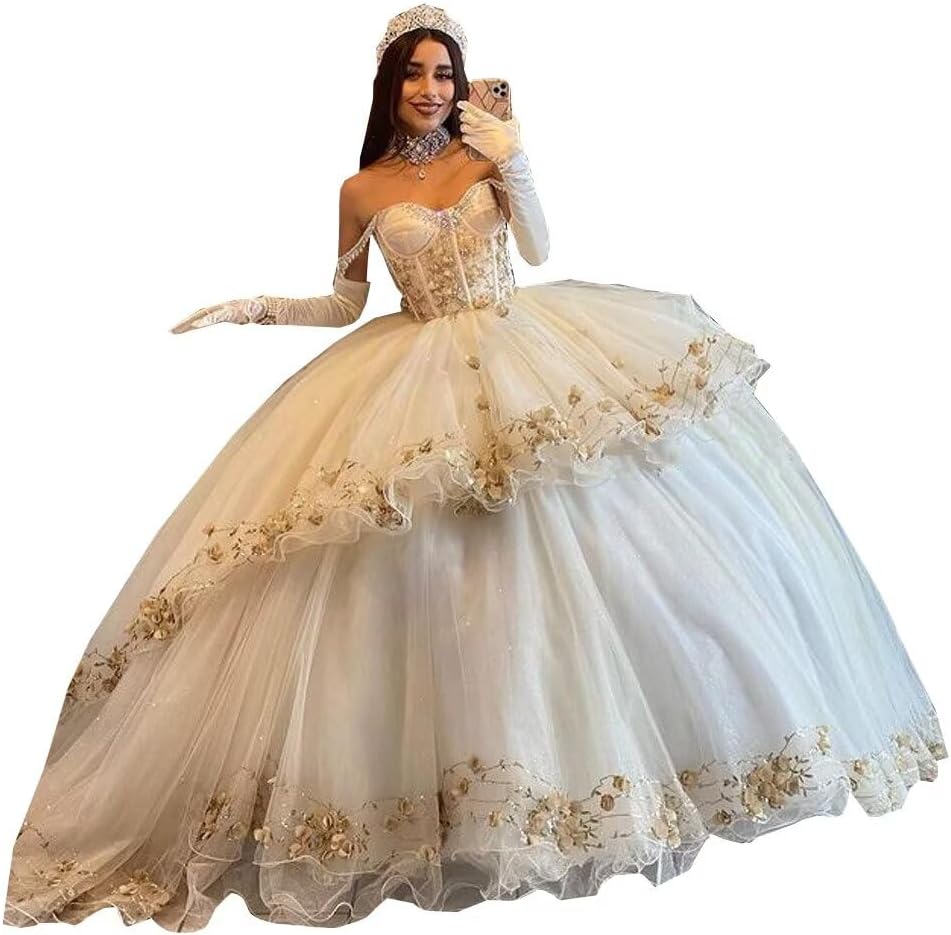 Boho Cold Shoulder Glitter Gold Fabric Flower Patterns Ball Gown Prom Quince Dresses Asymmetical Puffy Skirt 2025
