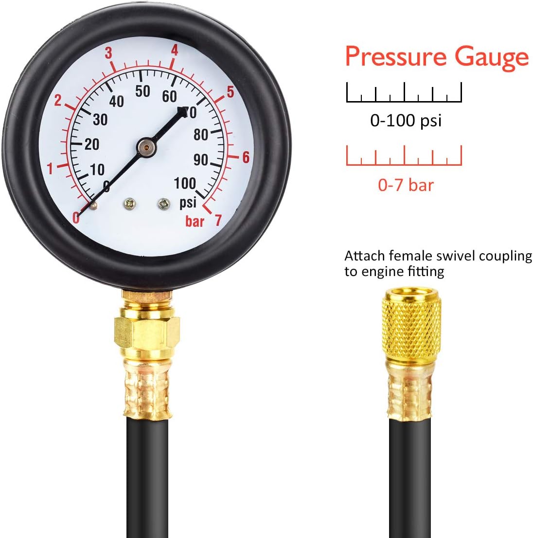 FAERSI Fuel Injection Pressure Test Kit - Universal Fuel Oil Engine Diagnostic Gauge Tester Set with Fittings, Instructions, Storage Case for Car Motorcycle Truck RV SUV & ATV, 0-100 PSI / 0-7 Bar : Automotive