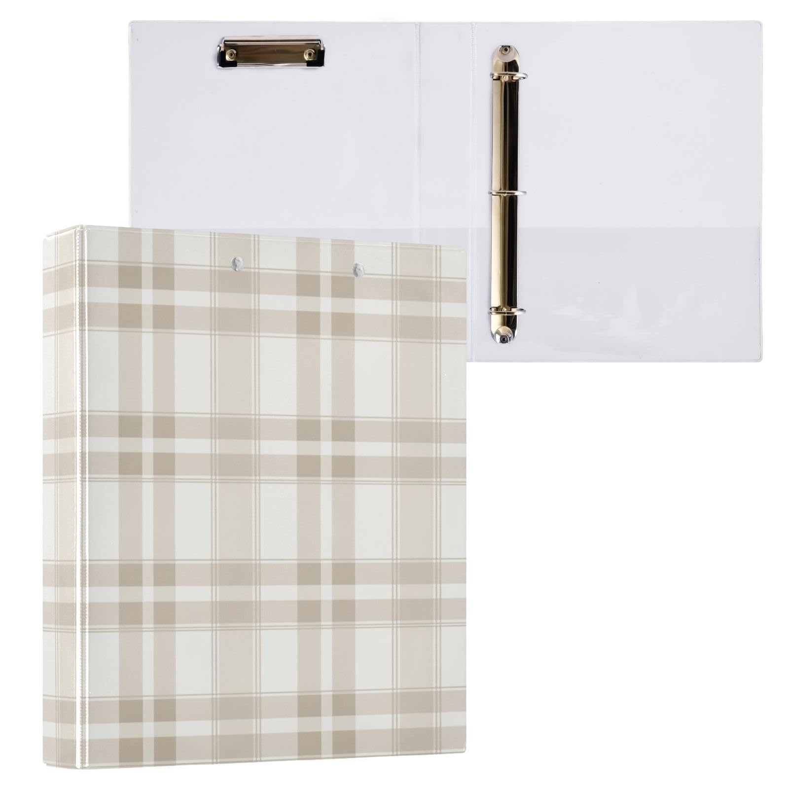 CWUPZAY3 Ring Binder Beige and White Plaid 1.5 Inch Binders with Clipboard and PVC Pocketsv, Fits 8.5x11 Paper for School Office Supplies (1 Pack)