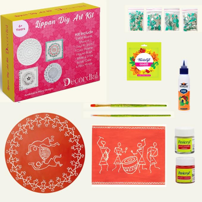 Decordial Warli Art DIY Kit with Premarked MDF Board, 1 pcs Lippan Art Clay, 2 pcs Art Board, Lippan Art Mirror, Painting Brush and Acrylic Colour Set of Six-image-37