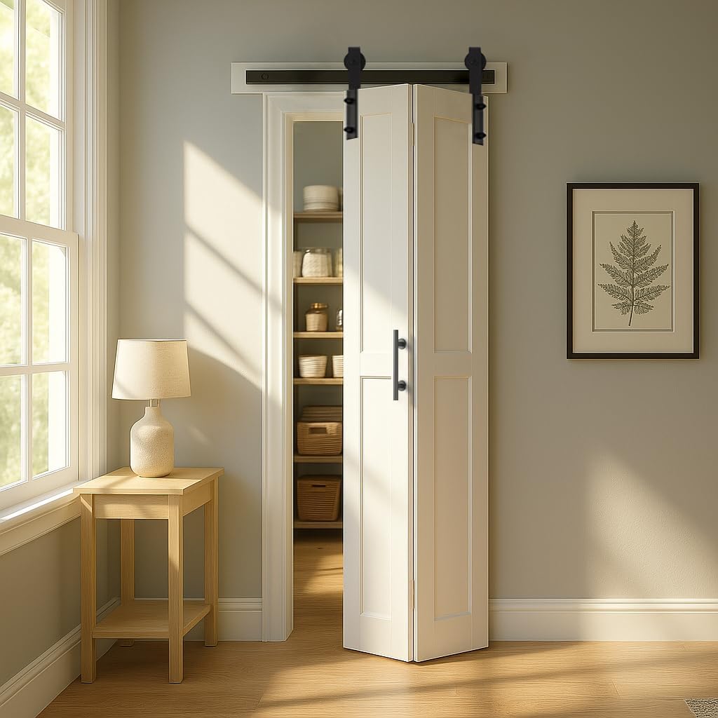 S&Z TOPHAND® 36X84(Double 18x84) White Bi-fold Barn Door Sliding FoldingDoor Double BarnDoor with Hardware Kit & Handle,Solid MDFDoor with Water-Proof PVC Surface,Complete Door, no Assembly Required