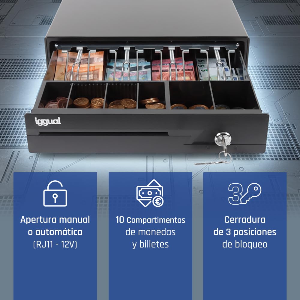 iggual – Cajón Portamonedas IRON-10 -Caja Efectivo Registradora Manual o Automática 4 Billetes y 6 Monedas -Cerradura 3 Posiciones - Material Acero+Plástico -Uso profesional- Negro (38x33,5x 8)