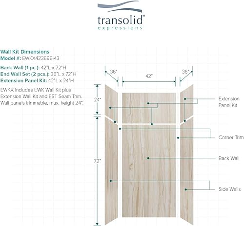 Miniatura 182 de Transolid EWKX483696-41 Expressions - Kit de pared de ducha de 6 paneles con extensión, 36 pulgadas de largo x 48 pulgadas de ancho x 96 pulgadas