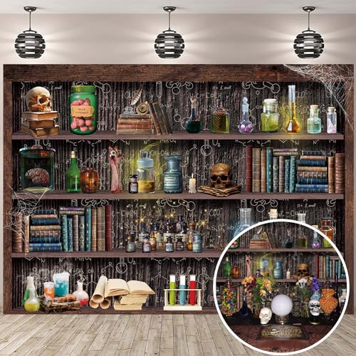 BUTEN - Halloween Chemistry Laboratory Backdrop 8X6FT Halloween Magic Bookshelf Background Creepy Skull Head Poison Apothecary Witch Kitchen Mad Scientist Hallowmas Baby Shower Party Decorations Banner