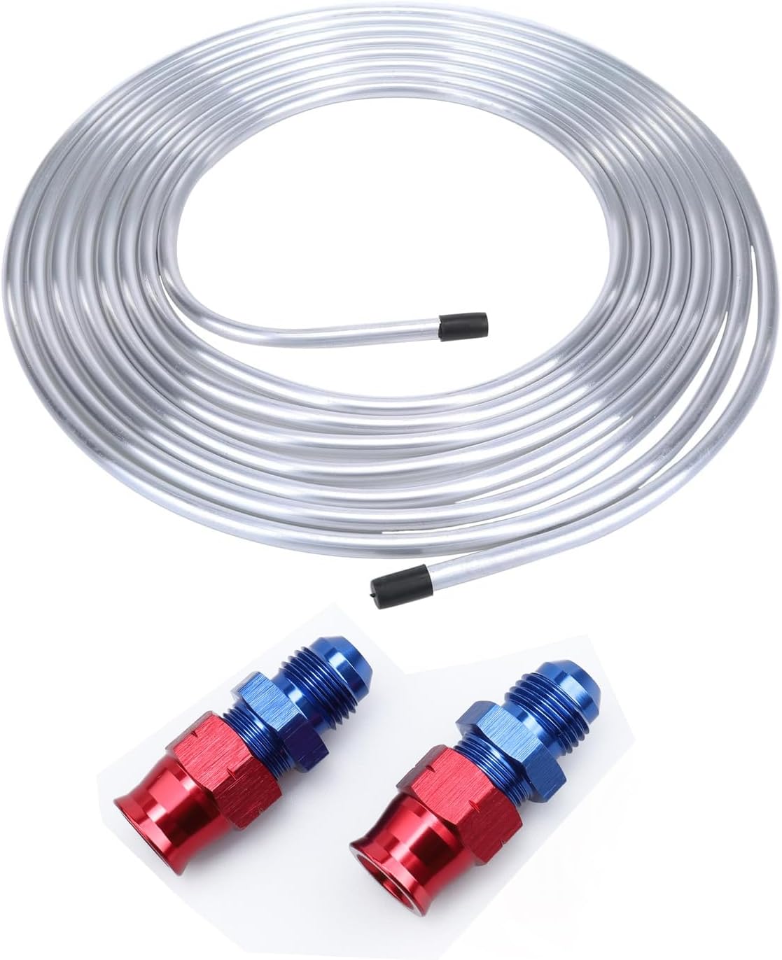 AC PERFORMANCE 1/4" Aluminum Fuel Line Hard Tube 25 Feet Coil with 2PCS Red Blue 4 AN Male to 1/4" Hardline Tube Fuel Fitting