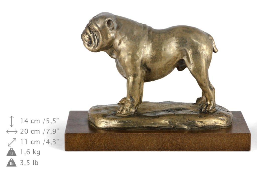 Art-Dog Custom Dog Sitzender Hund Statue Gedenkurne - Handgefertigte Kaltguss-Bronze auf Birkensockel - Urne für die Asche - 29cmx21cmx38cm - Neues Modell der Englischen Bulldogge