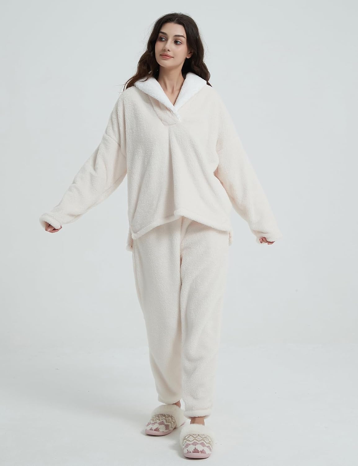 Women's Fluffy Pajamas Set Fleece Pullover Pants Winter Loose Plush 2 Piece Cozy Sleepwear - Image 5