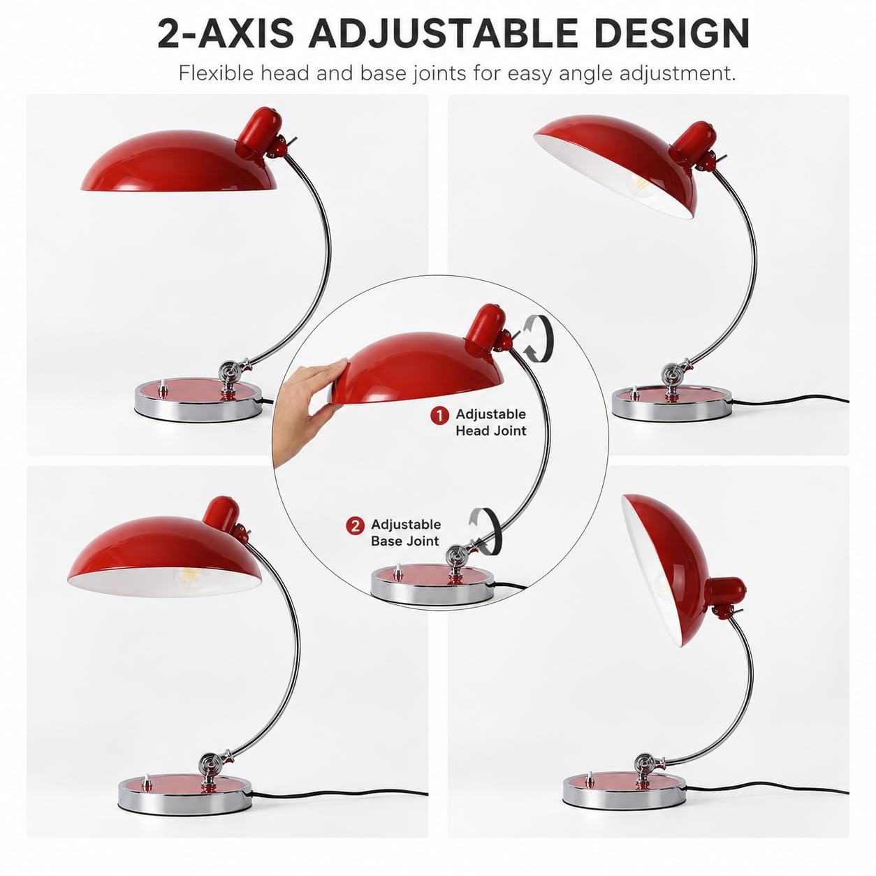Alpinaluz Flexo de Mesa Bauhaus E27 Rojo y Cromo Metal Ø29 cm | Pantalla roja giratoria, brazo cromado ajustable e interruptor en base para escritorio, despacho, lectura o mesilla