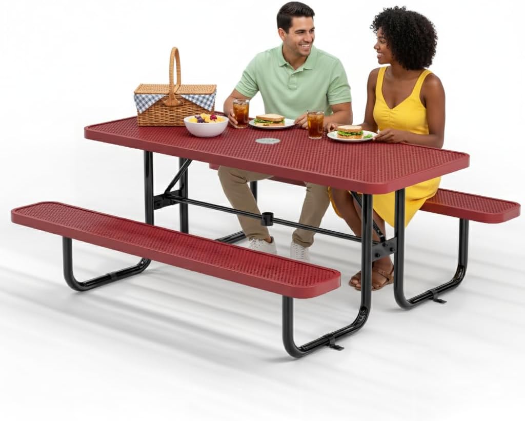 - Commercial Heavy-Duty Metal Picnic Table - ADA Compliant, Adjustable Seats, Umbrella Hole (Red, 6' Rectangular, Punched Steel)