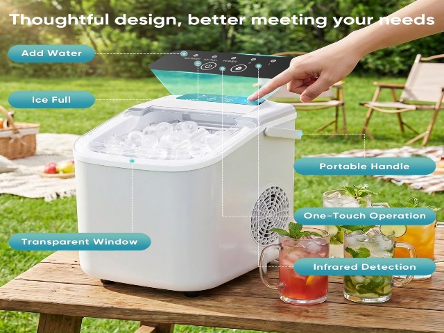 Image of DUMOS Ice Maker Countertop, Ice Machine with Portable Handle, Basket and Scoop, 26lbs Daily, 9 Bullet Cubes in 6-8 Mins, Auto-Cleaning for Home, Kitchen, Office, Outdoors, RV Camping