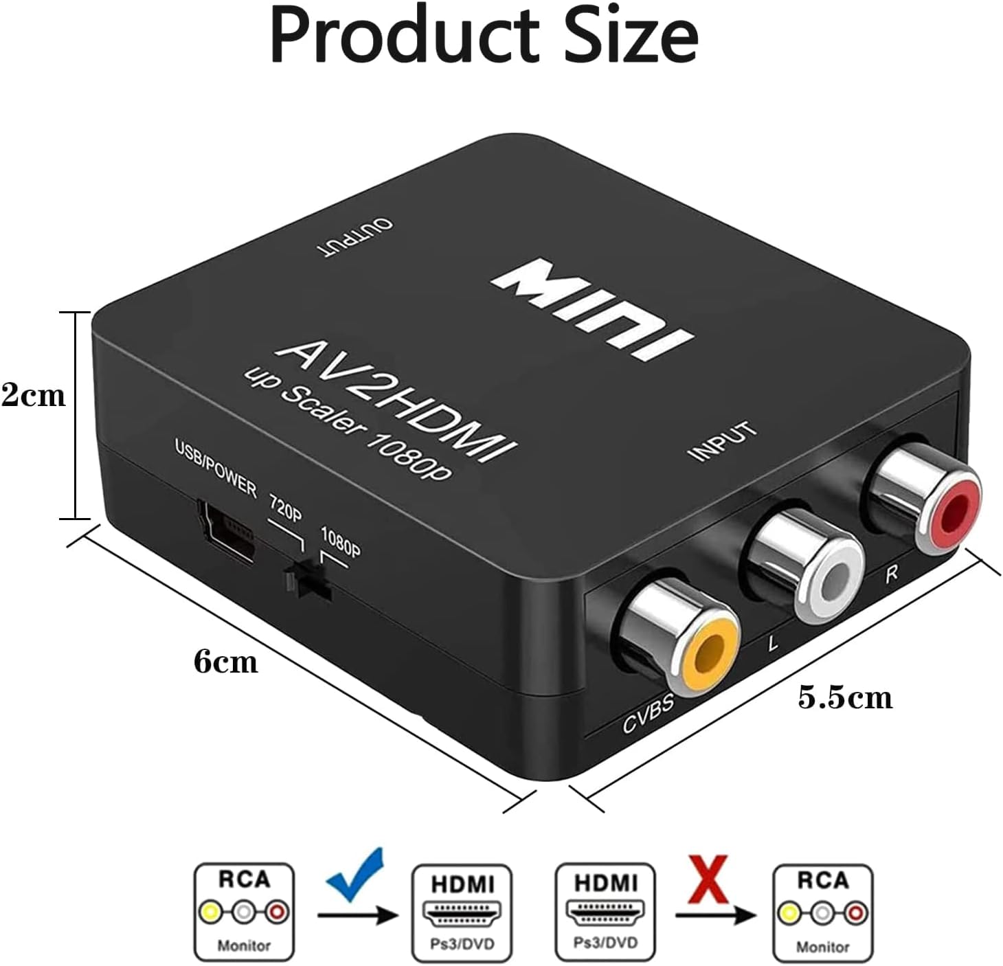 aweskmod RCA to HDMI Adattatore 1080P/720P 60Hz supporta PAL/NTSC, DigitConvert Convertitore AV a HDMI Adattatore wii hdmi con USB per Xbox, N64, WII, STB, VHS, VCD, VCR, DVD, lettori Blu-rays