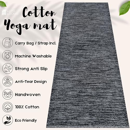 Image of Pure Cotton Yoga Mat for Women and Men, Size- 60x180 cm (2x6 feet), Handloom Woven with 6 mm Thick, Strong Anti-Slip Backing, Eco-Friendly (Black)