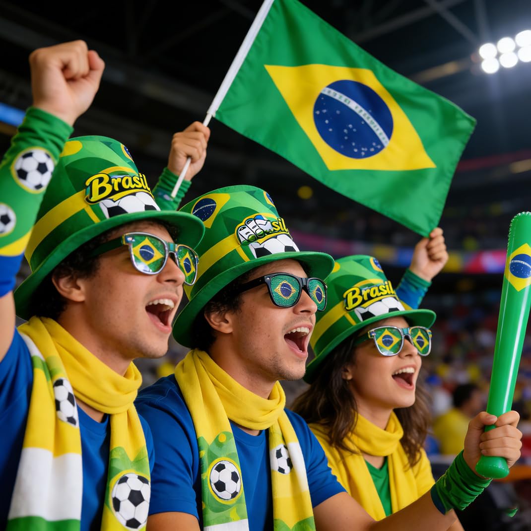 FRoon Kit per tifosi del Brasile, 8 pezzi, accessori per tifosi del calcio: borsa tote, bandiera volante, cappello, sciarpa, occhiali, bastoni da tifo, bastoncini da tifo