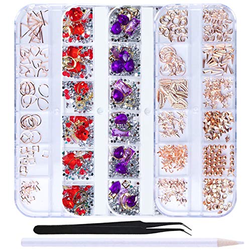 WOKOTO 4 Boxes 3D Nail Art Rhinestones And Charm Rose Gold Metal Nail Studs Colorful Crystal Manicure Decoration Kit With 1Pc Tweezers And Picker Pencil