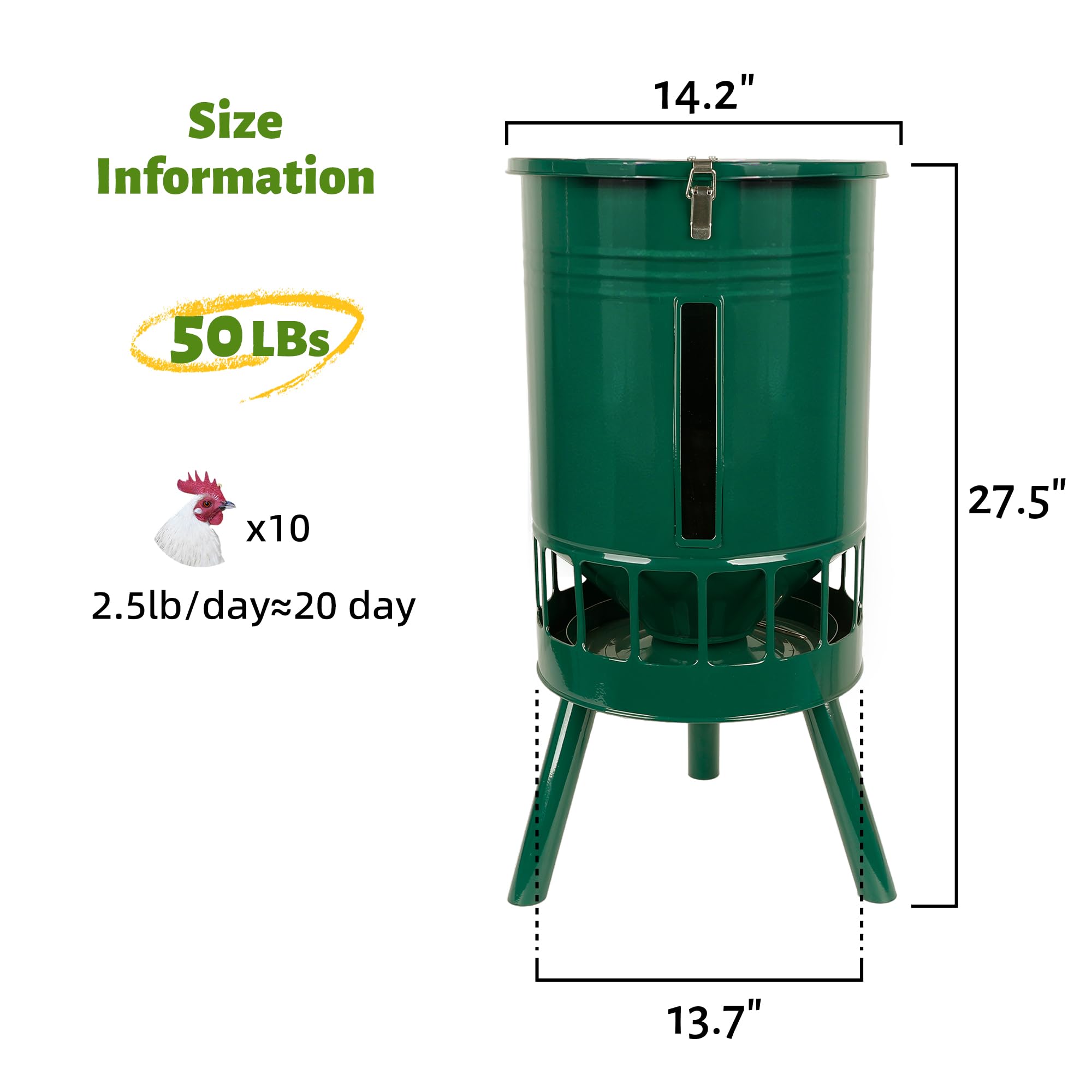 KOL Mangiatoia per polli in metallo, 22,7 kg, nessun spreco, nessun intasamento, design con 16 porte e flusso gravitativo liscio, verniciata a polvere antiruggine per uso Coop (verde)