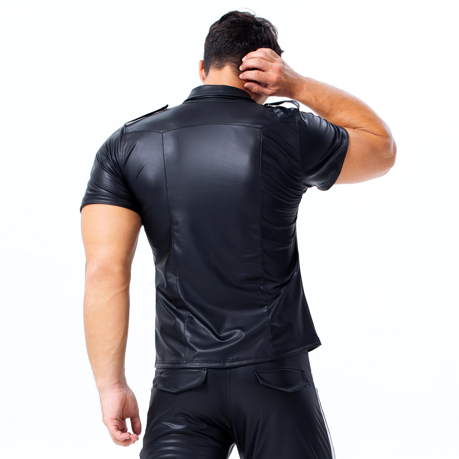 Chemise en cuir verni pour homme - Aspect laqué - T-shirt à manches courtes - En cuir synthétique - Avec boutonnière - Coupe ajustée - Latex brillant - Tops musculaires avec poches de poitrine