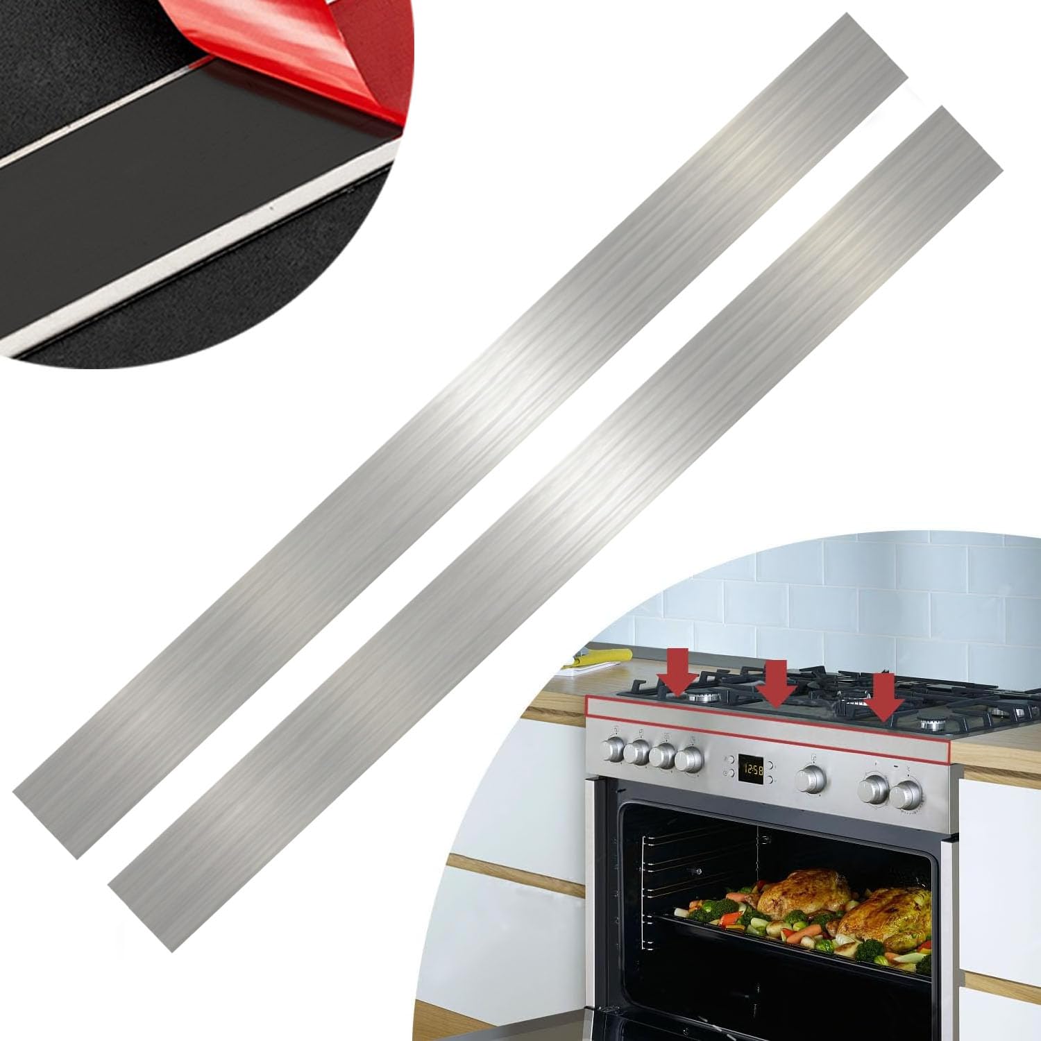 Photo 1 of 2 Pcs 304 Stainless Steel Strips, Brushed Self Adhesive Strip Metal Trim Strip, Finishing Sheet Metal Strips for Microwave/Oven/Range/Cooktop, 30" Long, 2" Wide Gap Filler for Kitchen Decor