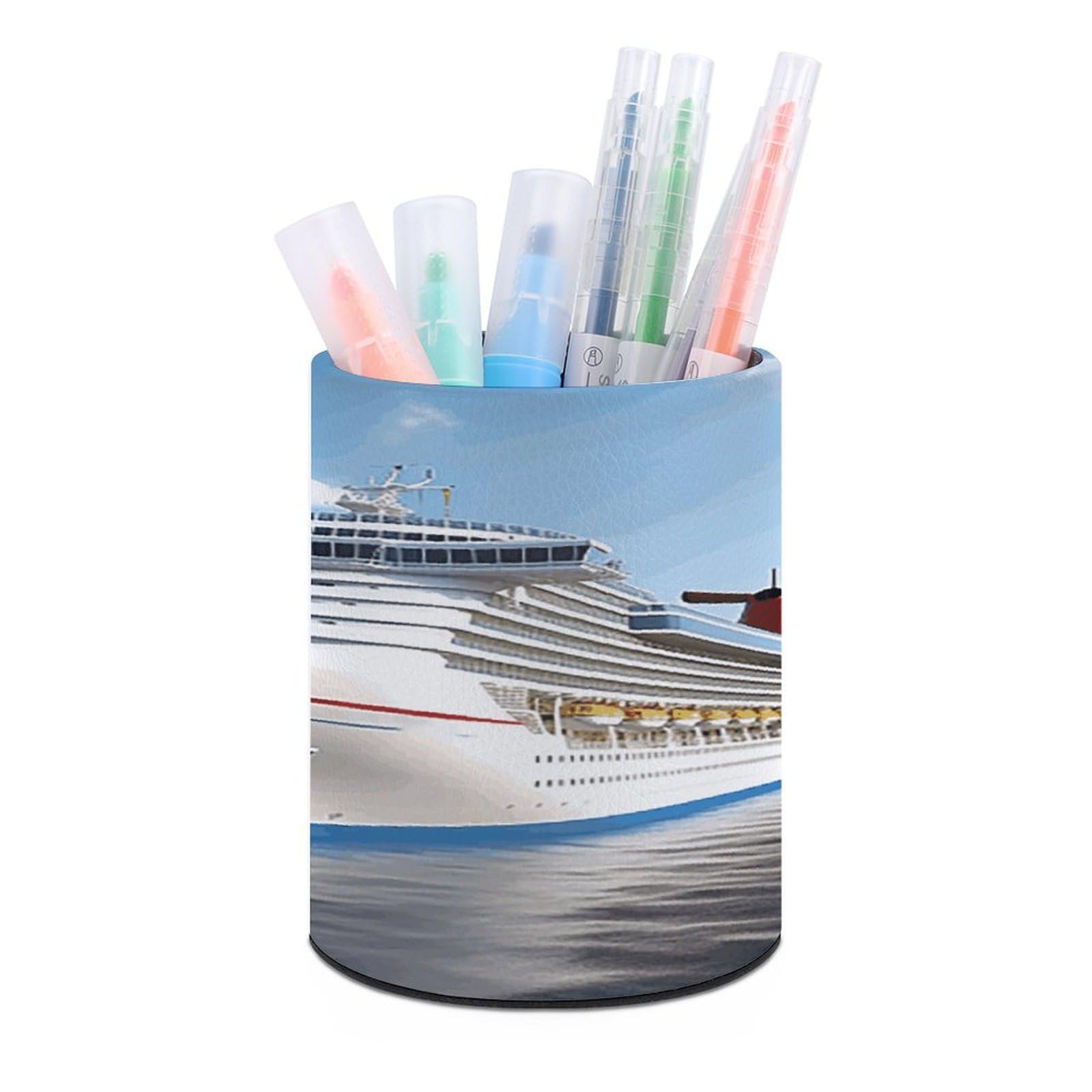 FekiLoot PU Leather Round Pen Holder Cruise Ship Pencil Holder Desk Organizer Pen Organizer Pen Cup Pencil Cup Caddy Desktop Stationery Organizers for Office Home Supplies