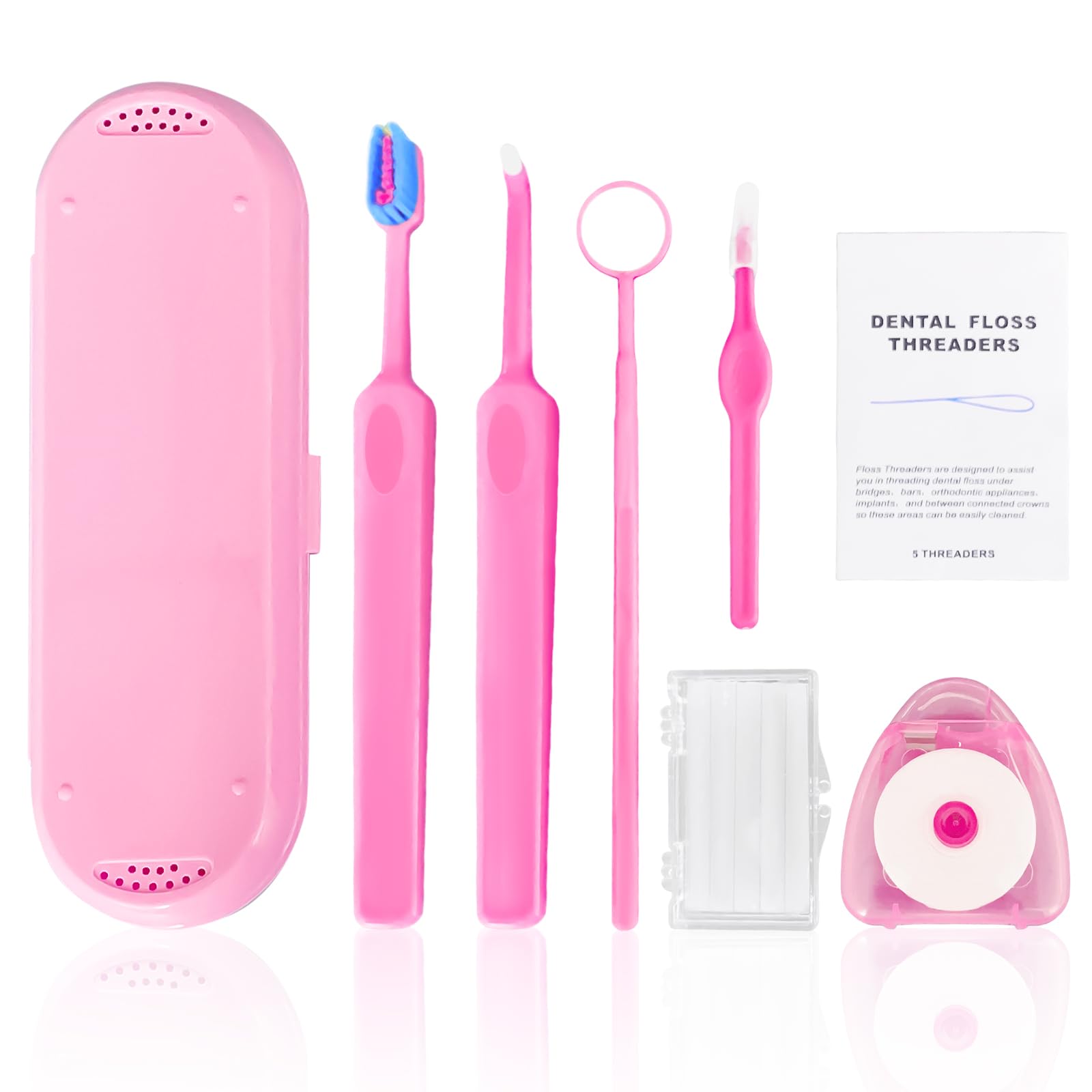 7-in-1 Orthodontic Oral Care Kit with Case – Toothbrush, End Tuft Toothbrush, Dental Mirror, Interdental Brush, Dental Floss and Threaders, Dental Wax, Portable Hygiene Set for Braces Daily Use (Pink)