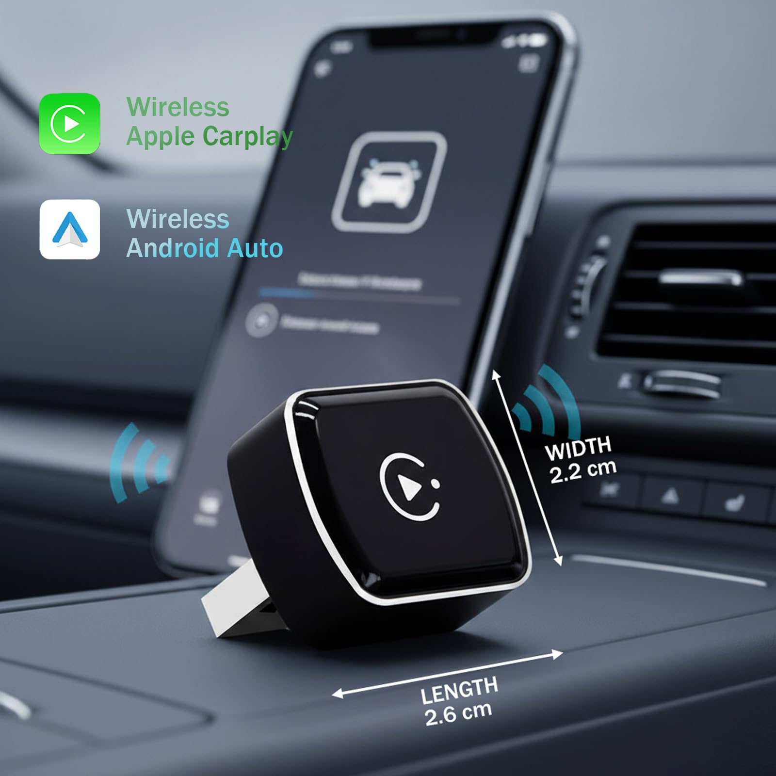 Adaptateur CarPlay & Android Auto Sans Fil - WiFi 6 & Bluetooth 5.4 - Connexion Ultra-Stable en 10s - Latence Minimale - Plug & Play pour Véhicules 2016+