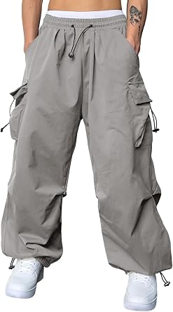 JMIERR Mens Loose Fit Drawstring Y2K Baggy Parachute Cargo Pants | Harem Joggers, Utility Flap, Deep Side Pockets, Elastic Waistband, Adjustable Hem, Streetwear, Casual Wear, Outdoor Hiking