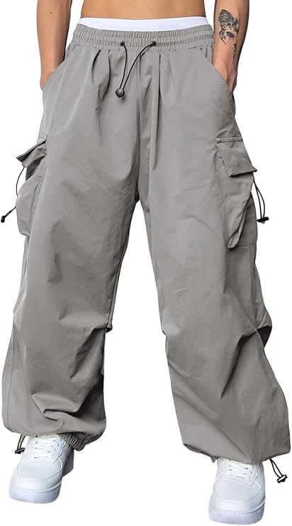 JMIERR Mens Loose Fit Drawstring Y2K Baggy Parachute Cargo Pants | Harem Joggers, Utility Flap, Deep Side Pockets, Elastic Waistband, Adjustable Hem, Streetwear, Casual Wear, Outdoor Hiking