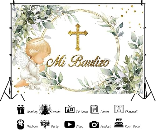 Miniatura 2 de Greenery Mi Bautizo - Telón de fondo de primera comunión para bautismo, querubín verde y dorado, hojas verdes de eucalipto, decoración de fiesta de