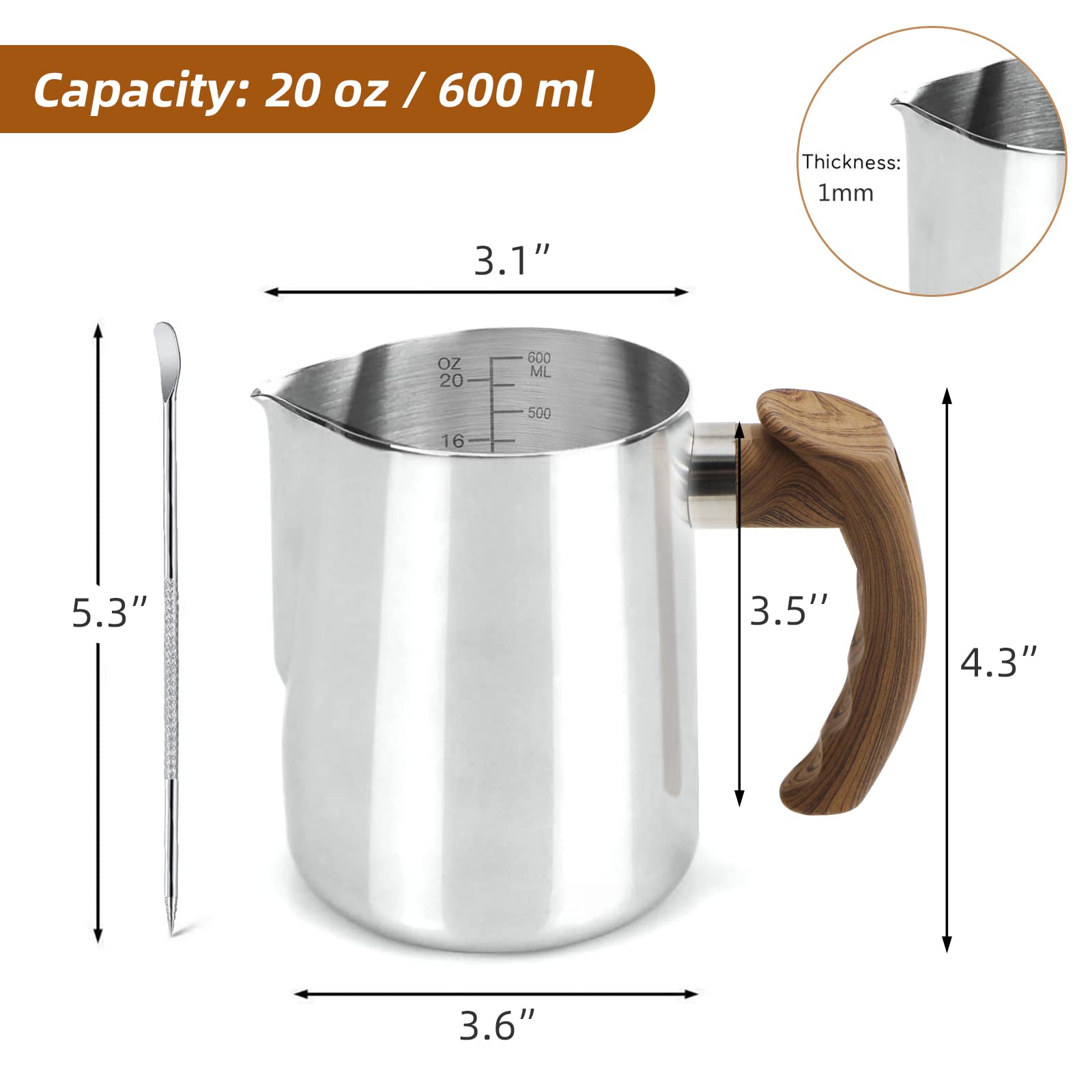 Jarra de acero inoxidable para espumar leche – 20 onzas (600 ml), jarra de vapor espresso con mango antiquemaduras para café, capuchino, arte con leche
