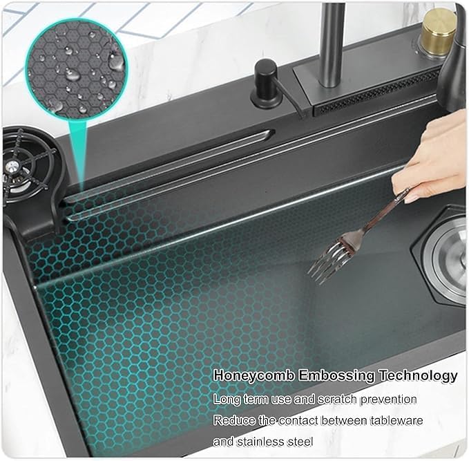 Image of CROCODILE Nano Black Single Bowl Smart Kitchen Sink, 304-Grade Stainless Steel, 24x18x9 inches, Matt Black Finish, with Integrated Waterfall, Cup Washer, Drain Basket, RO Tap and Pull Out Faucet
