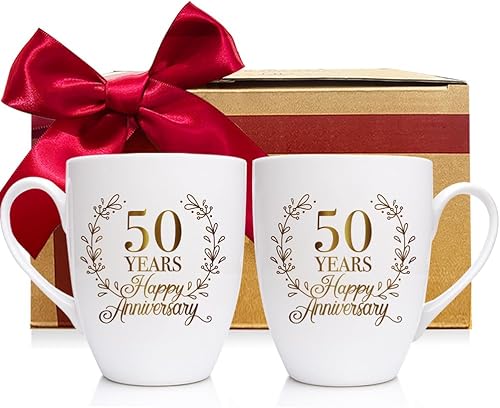 CATABUBU 50 Years Happy Anniversary - Juego de taza de café con diseño de lámina dorada, novedad para el día de San Valentín, aniversario, regalos