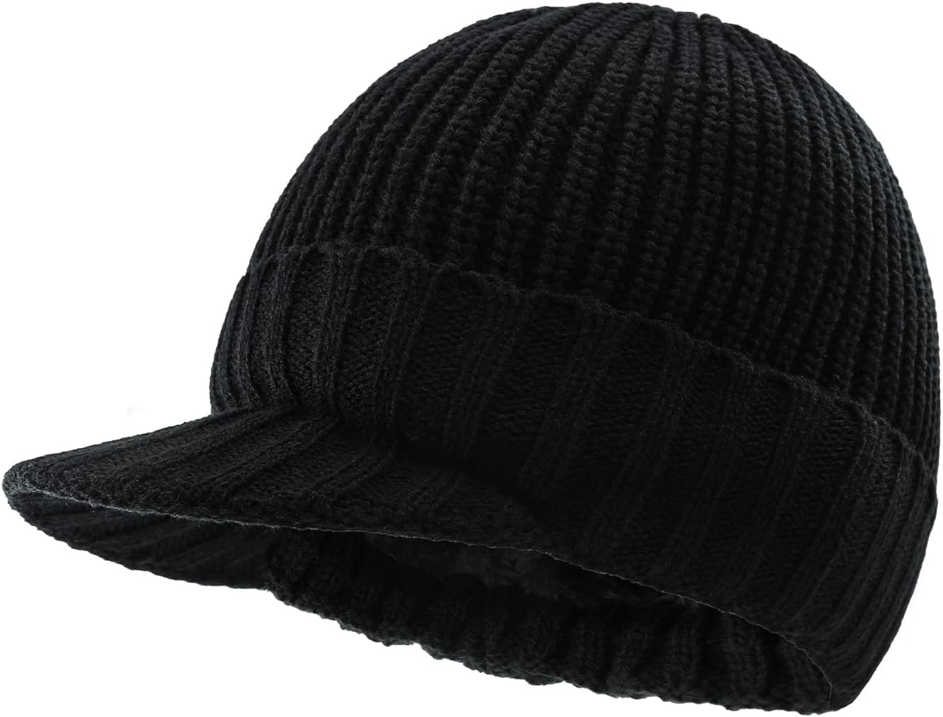 XIAOHAWANGWinter Men Hat Knit Cable Visor Beanie with Fleece Lining Patchwork Stripe Newsboy Cap with Brim for Outdoor Sport