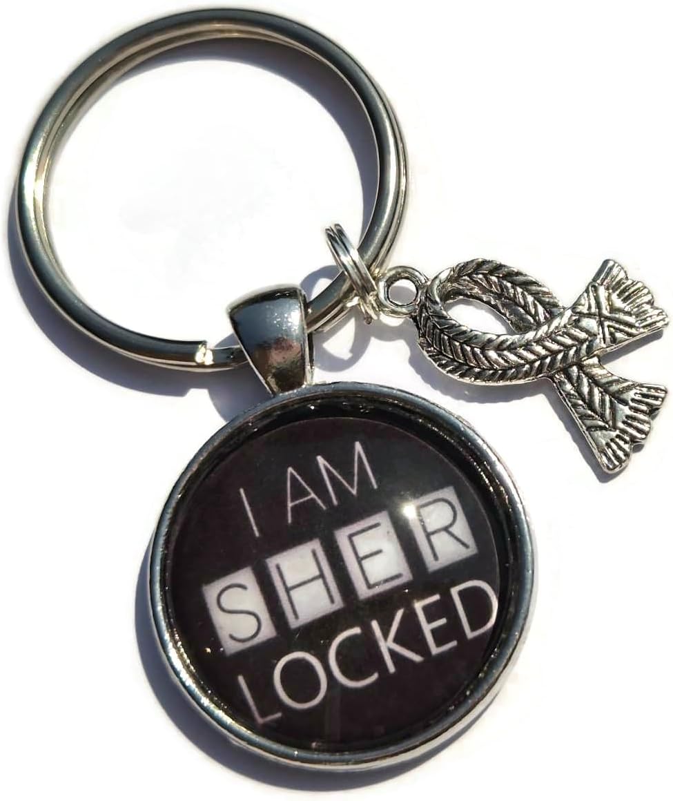 I am SHERLOCKED 25mm handmade glass cabochon HOLMES themed keyring gift, Sherlock book detective crime novelty birthday Xmas present