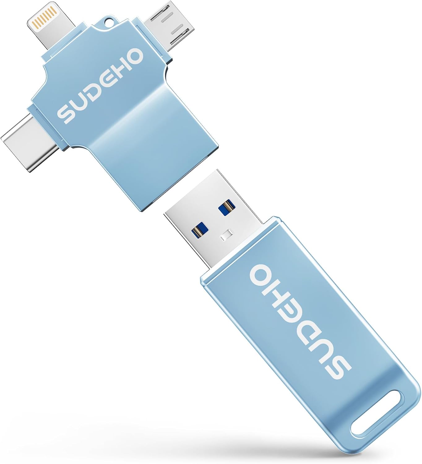 MFi Certified Photo Stick 256GB USB Flash Drive for iPhone, 4 in 1 External Memory Thumb Drive for Picture Video Backup, High Speed Memory Stick Pen Drive for iPhone/iPad/Android/PC (Sky Blue)