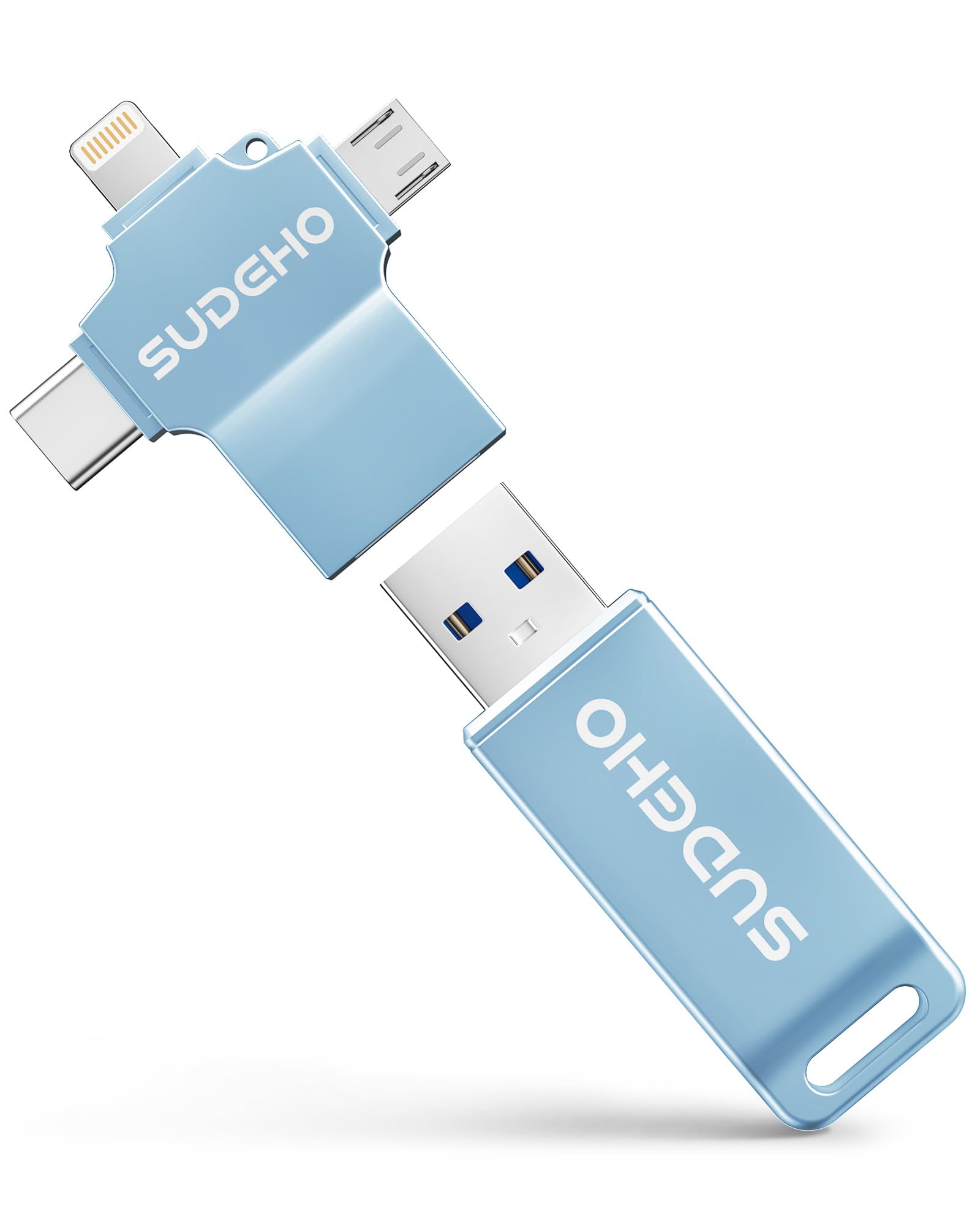 Chiavetta USB 3.0 da 128 GB certificata MFi per iPhone, chiavetta USB 4 in 1 per backup di immagini e video, ad alta velocità, per iPhone/iPad/Android/PC (celeste)