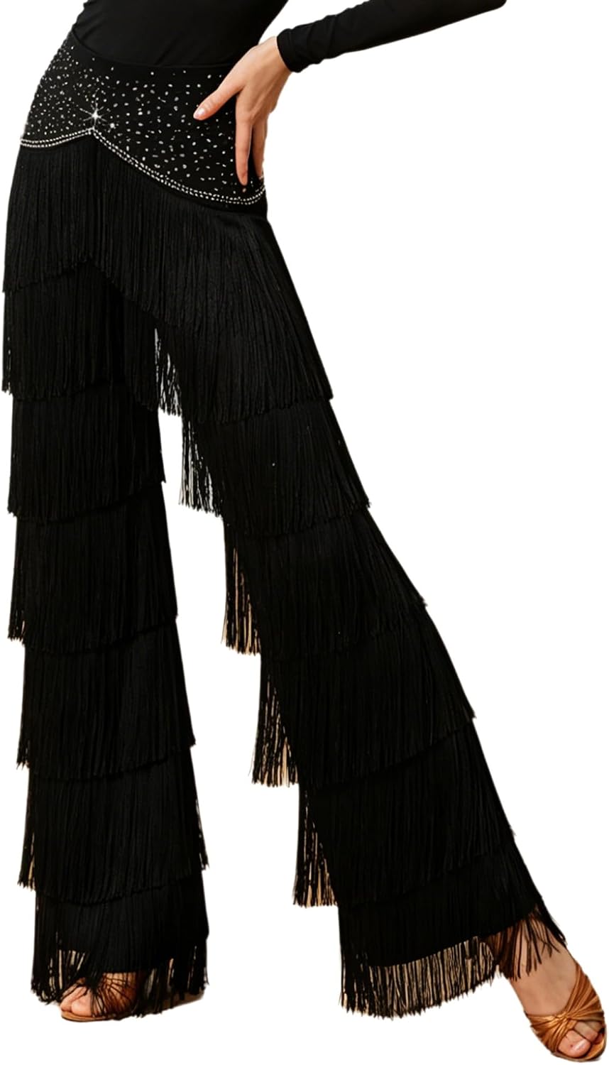 Yhong Women Elastic Waist Latin Salsa Practice Performance Trousers Layered Tassel Professional Dance Pants
