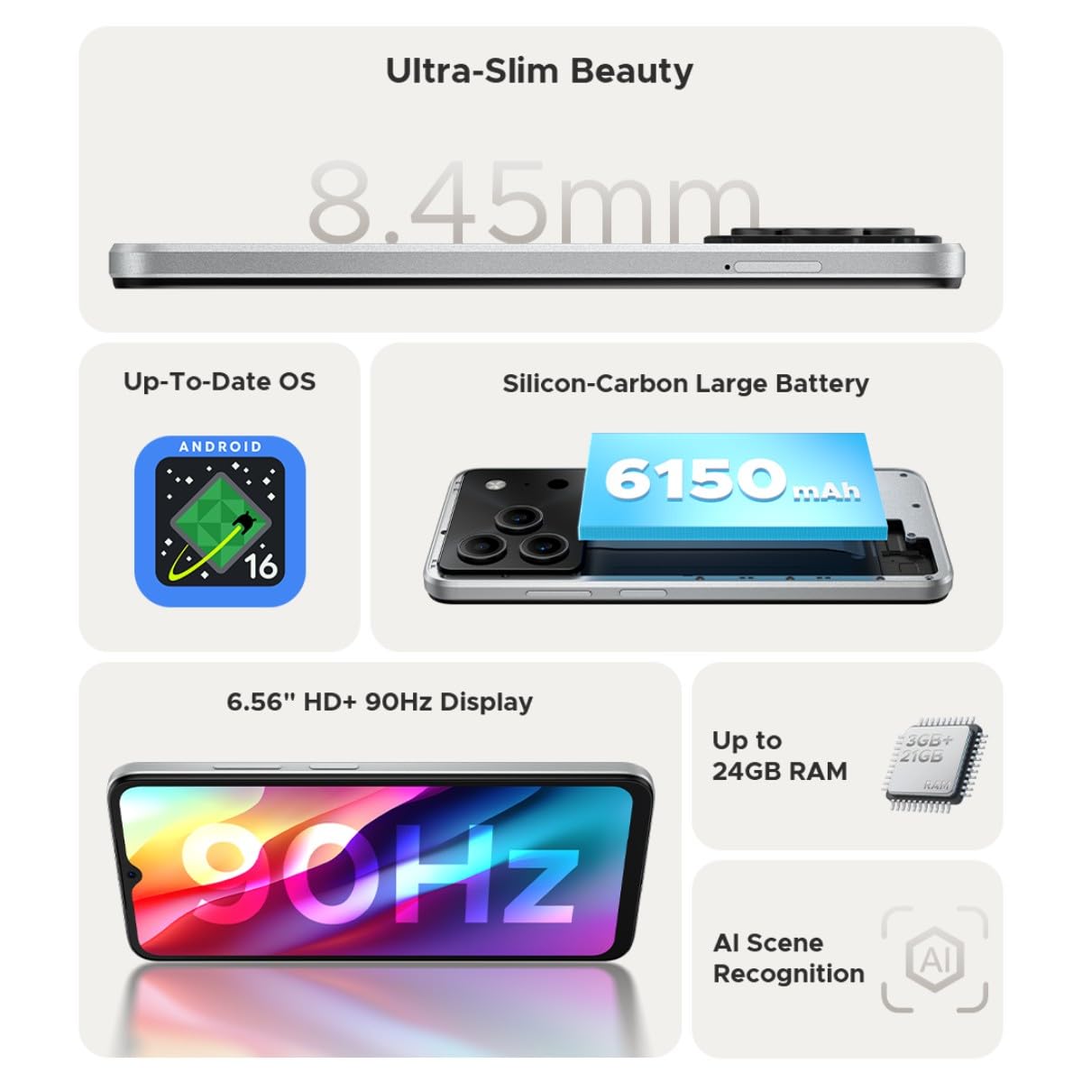 Note 56 Smartphone Sbloccato 2026, Telefono Android 16, Batteria 6150mAh, Display 6,56" 90Hz, 24GB+64GB/2TB, Jack 3,5mm, 4G Dual SIM, Sblocco Facciale, GPS WiFi, Bianco