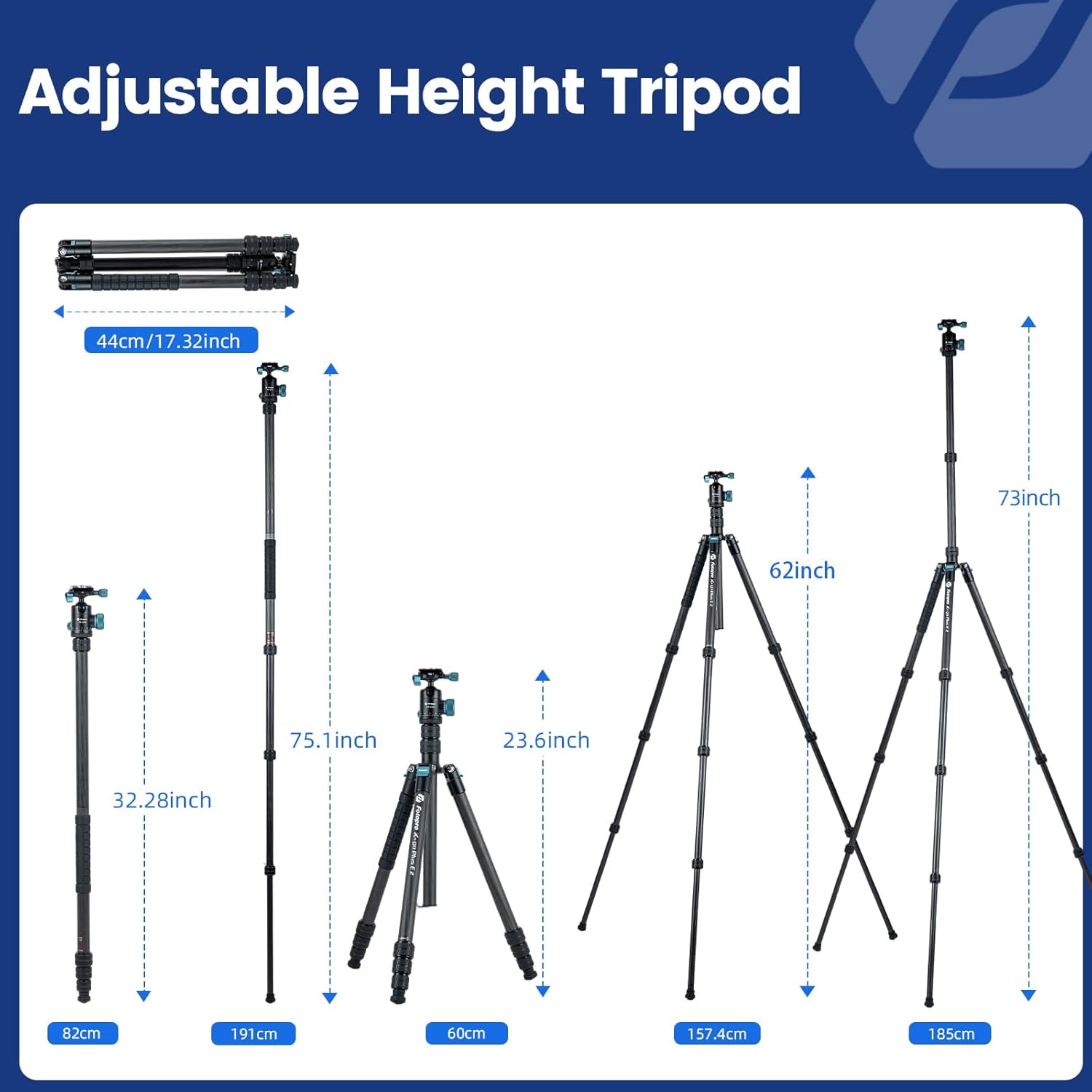 Fotopro 73" Carbon Fiber Tripod for Camera Compact Travel Tripod with Ball Head Detachable Monopod with Quick Release Plate and Camera Bag Load up to 22lbs/10KG X-Go Plus E2 Blue