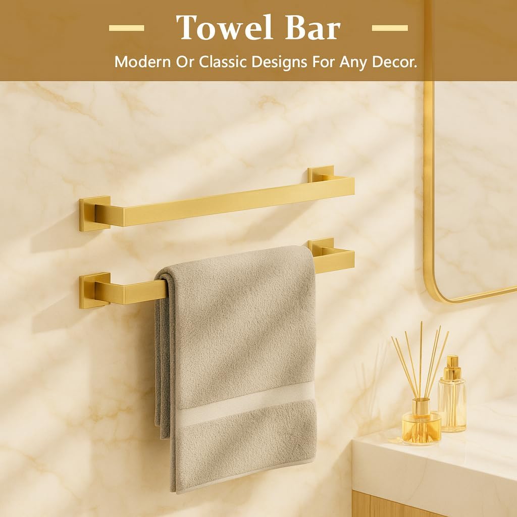 5-Piece Bathroom Hardware Set? Brushed Gold Bathroom Accessories 304 Stainless Steel? Including 23.8 inch Bath Towel Bar*2, Double Towel Hook, Toilet Paper Holder, and Towel Ring