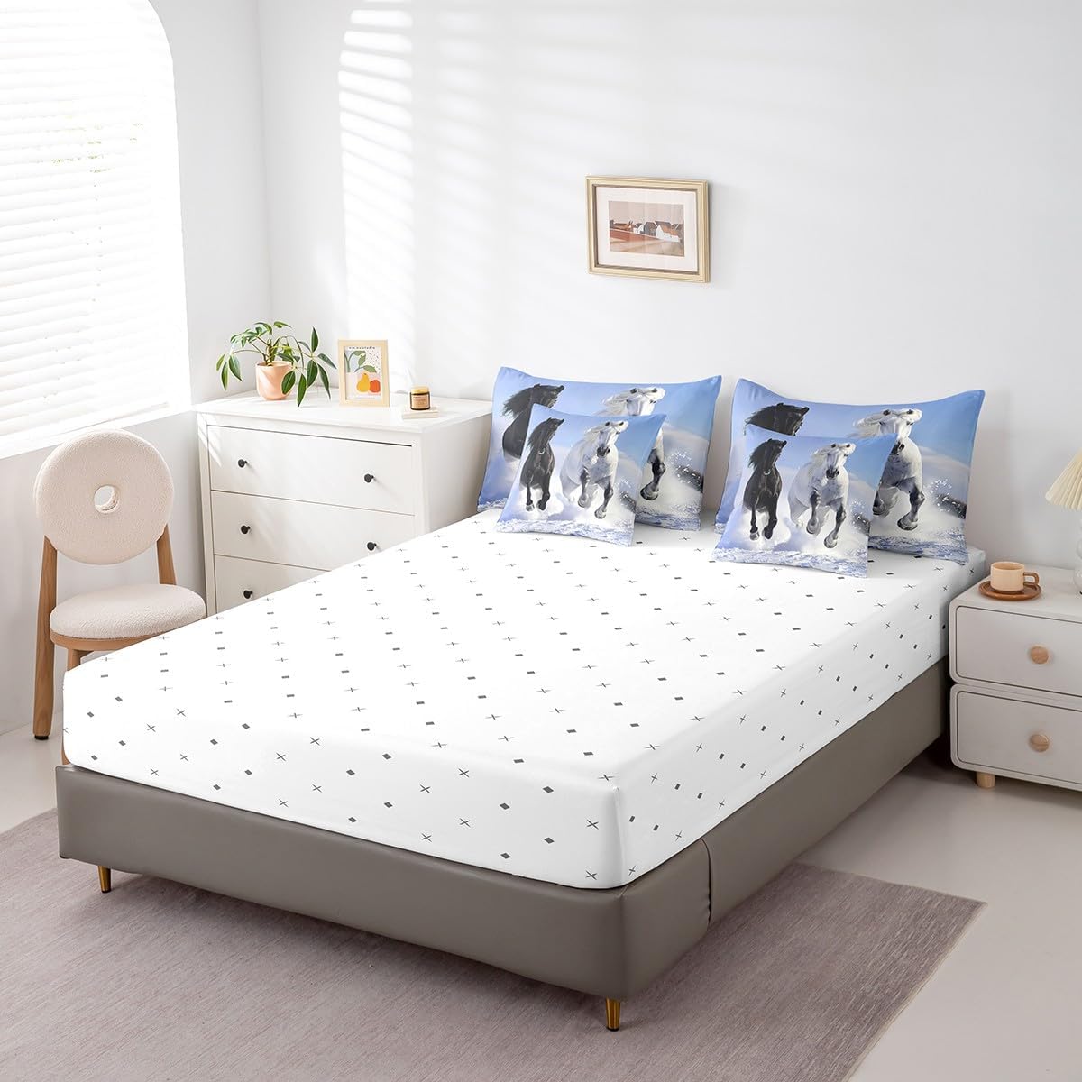 Feelyou Horse Print Comforter Set 7 Pieces Queen Size for Girls Boys Galloping Horse Bed in A Bag Decorative Wild Animal Themed Duvet Cover Wildlife Style Bed Set with Sheets