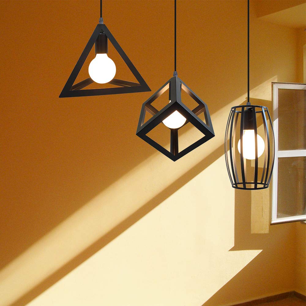STOEX Creativo Lámpara de Suspensión Industrial Retro Lámpara 3 Colgantes Geométricos Lámpara Vintage de Metal para Salón Cocina Oficina Salón Comedor Negro