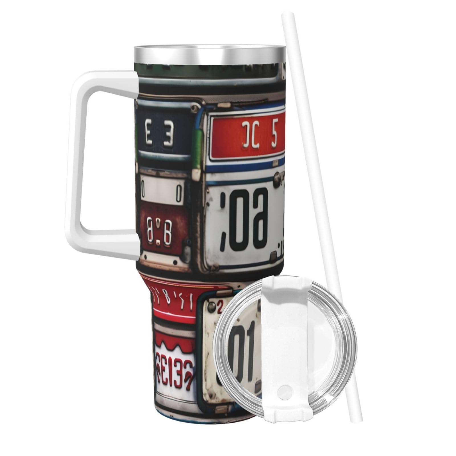 Trinkflasche mit altem Nummernschild, Edelstahl, doppelwandig, isoliert, mit Griff und Strohhalm-Deckel, 1,2 l